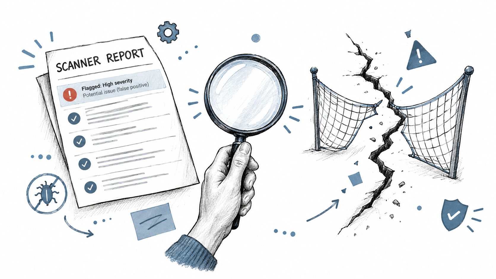 A hand holding a magnifying glass over a scanner report showing potential high severity security issues.