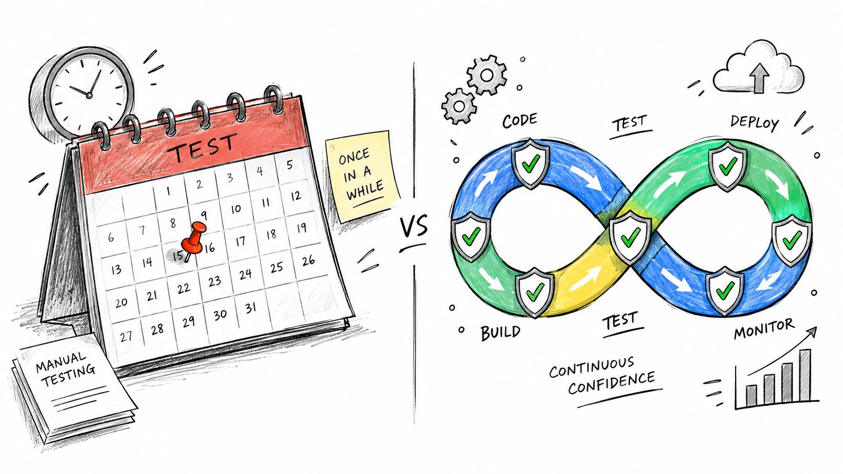 A hand-drawn illustration contrasting manual testing scheduled on a calendar with continuous automated DevOps testing.