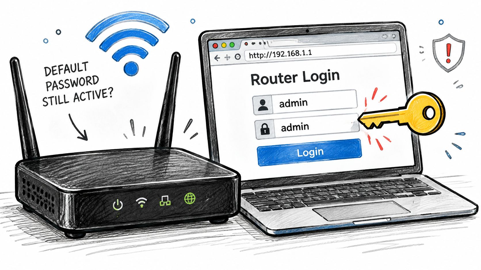 A conceptual illustration showing a router and a laptop screen prompting for default admin login credentials.