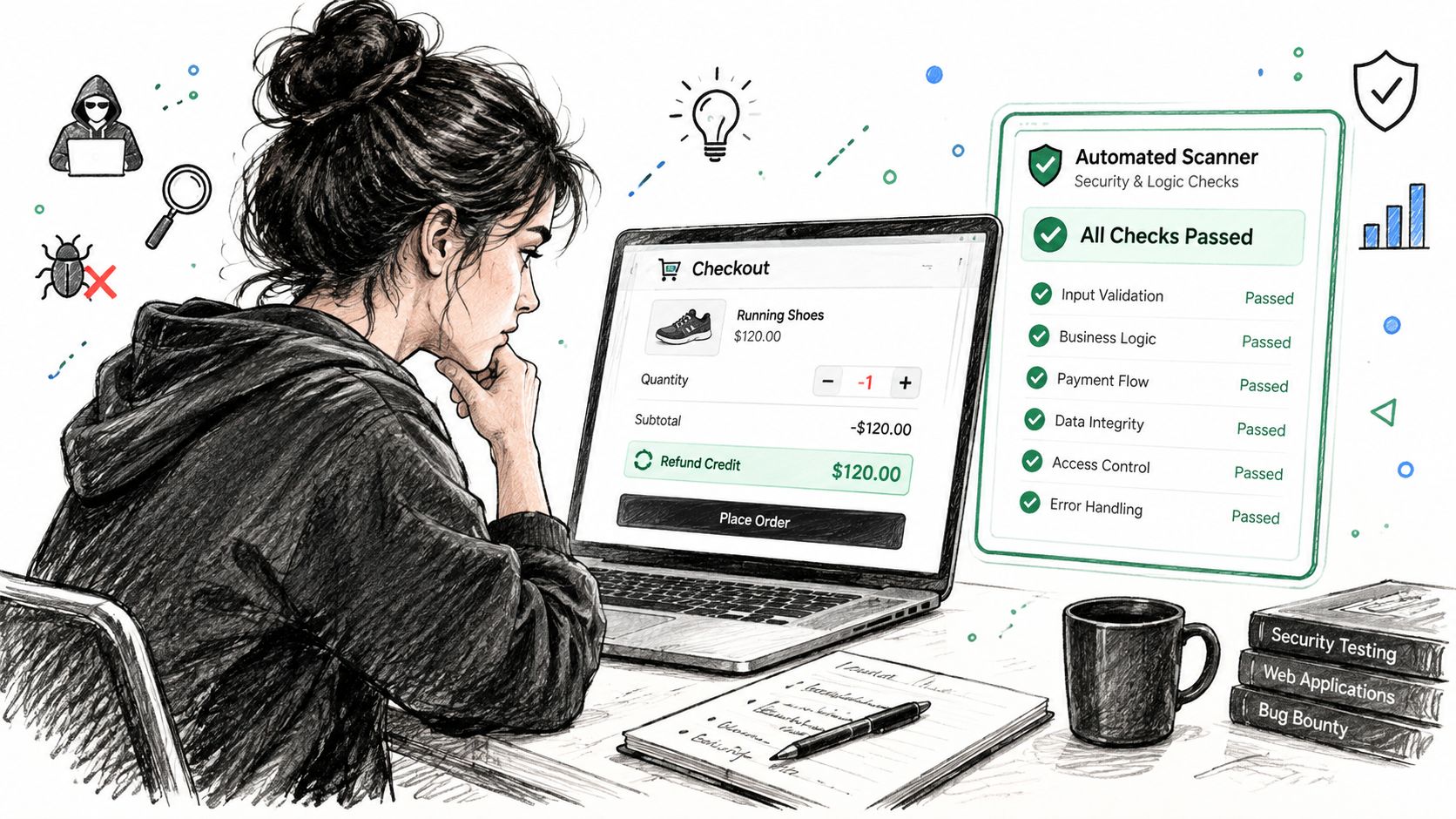 A person analyzing a website checkout page for business logic vulnerabilities using an automated security scanner tool.