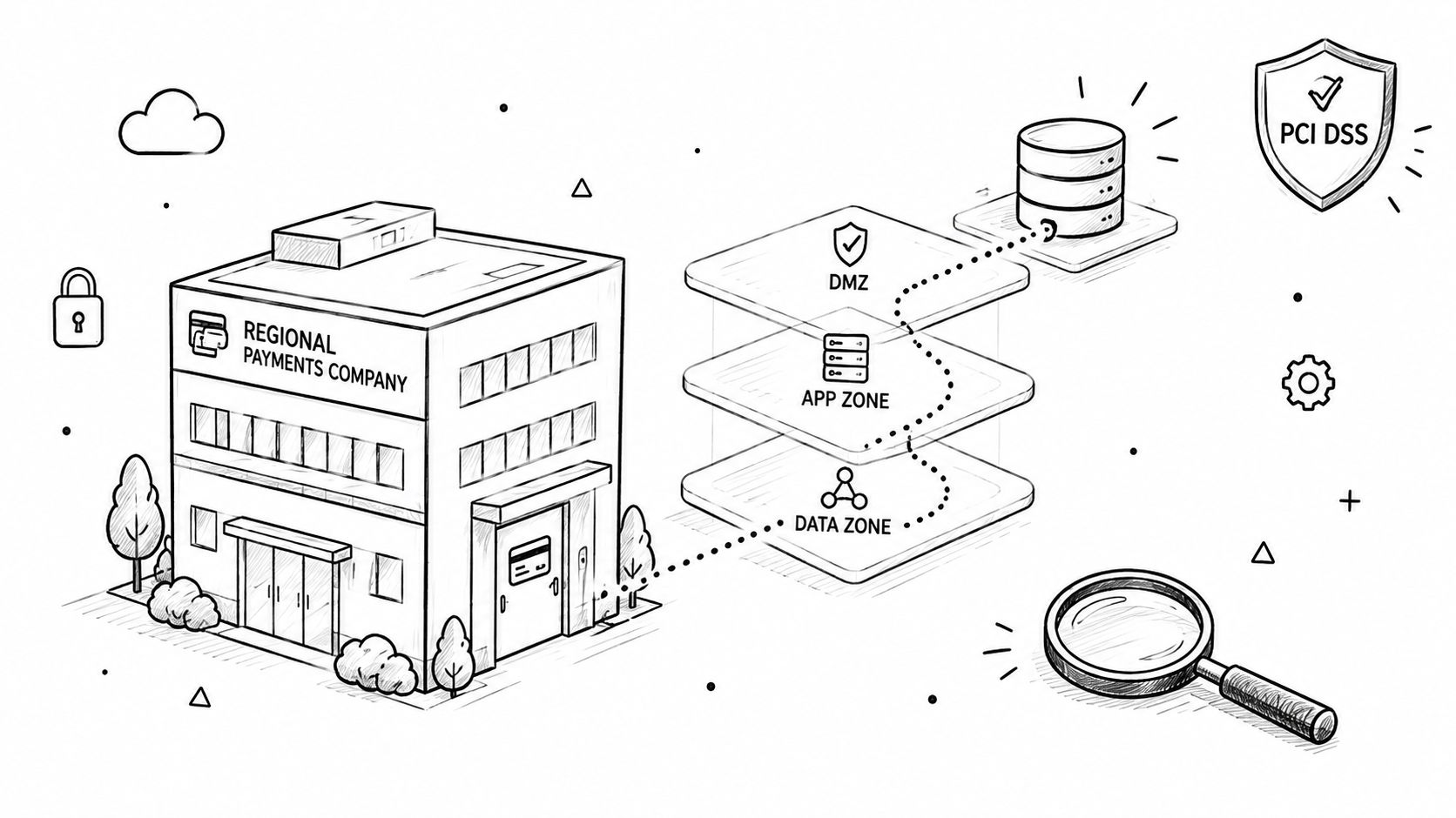 A hand-drawn illustration showing a regional payments company connected to segmented secure data network zones.