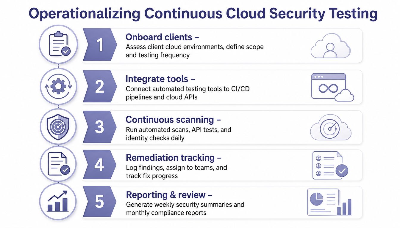 A five-step process diagram illustrating how to operationalize continuous cloud security testing for enterprise environments.