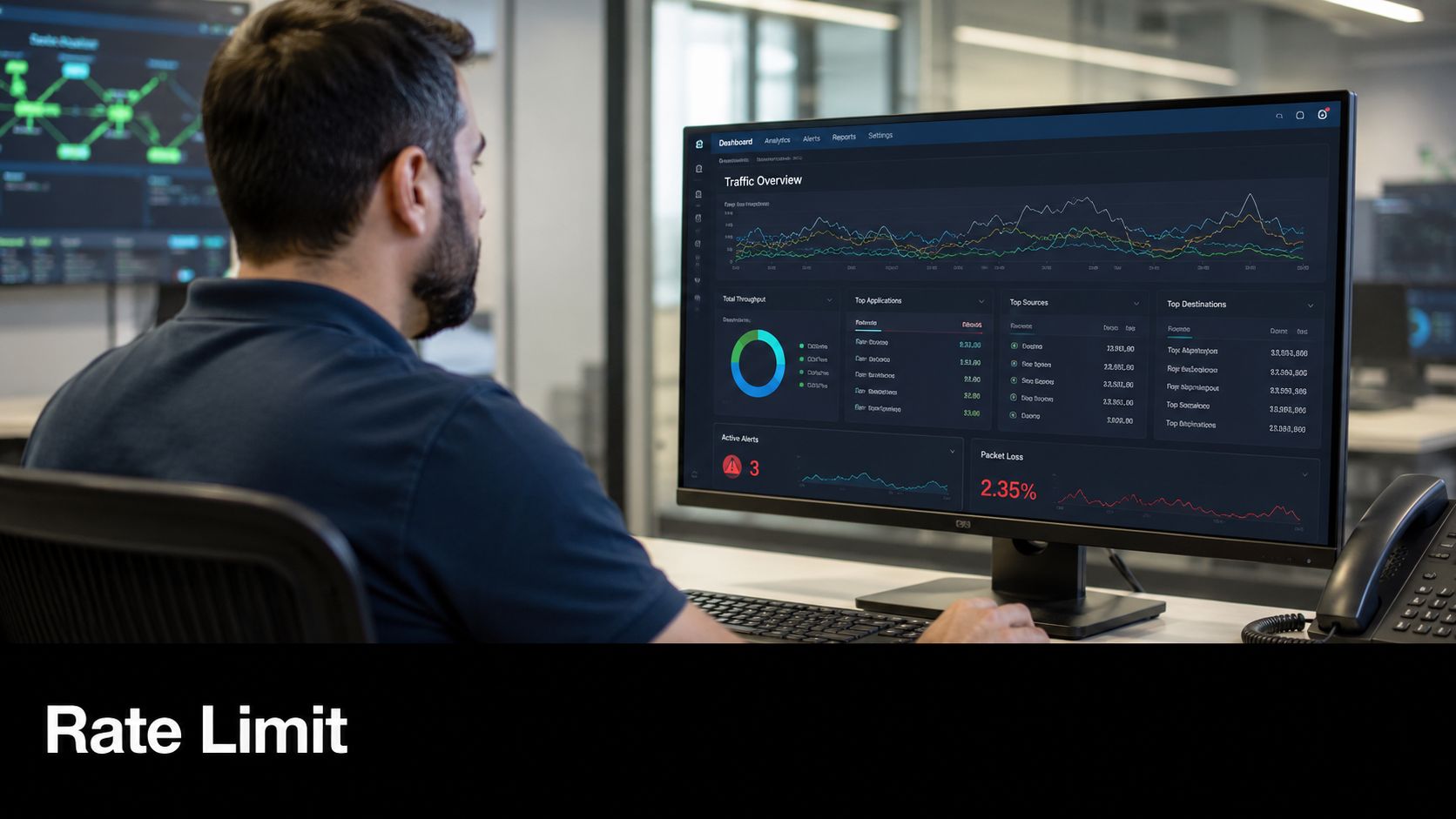 A professional IT engineer monitors real-time network traffic and security analytics on a computer screen in an office.