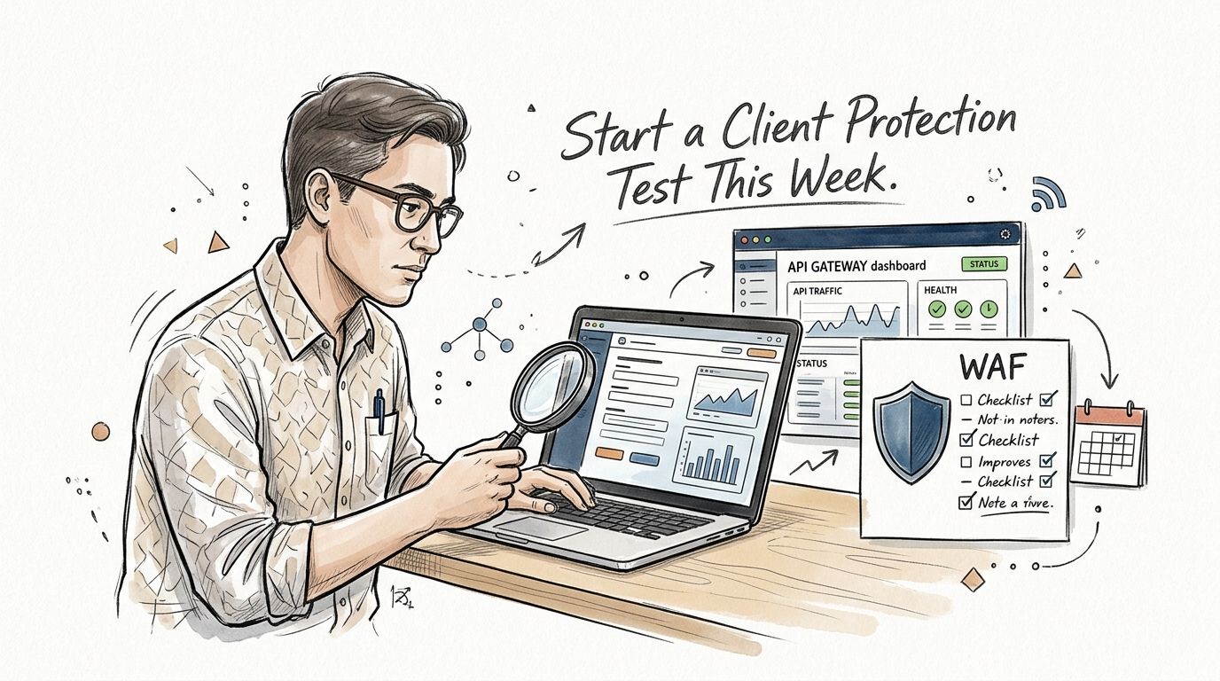A professional analyzing an API gateway dashboard and WAF checklist on a laptop screen for cybersecurity protection.