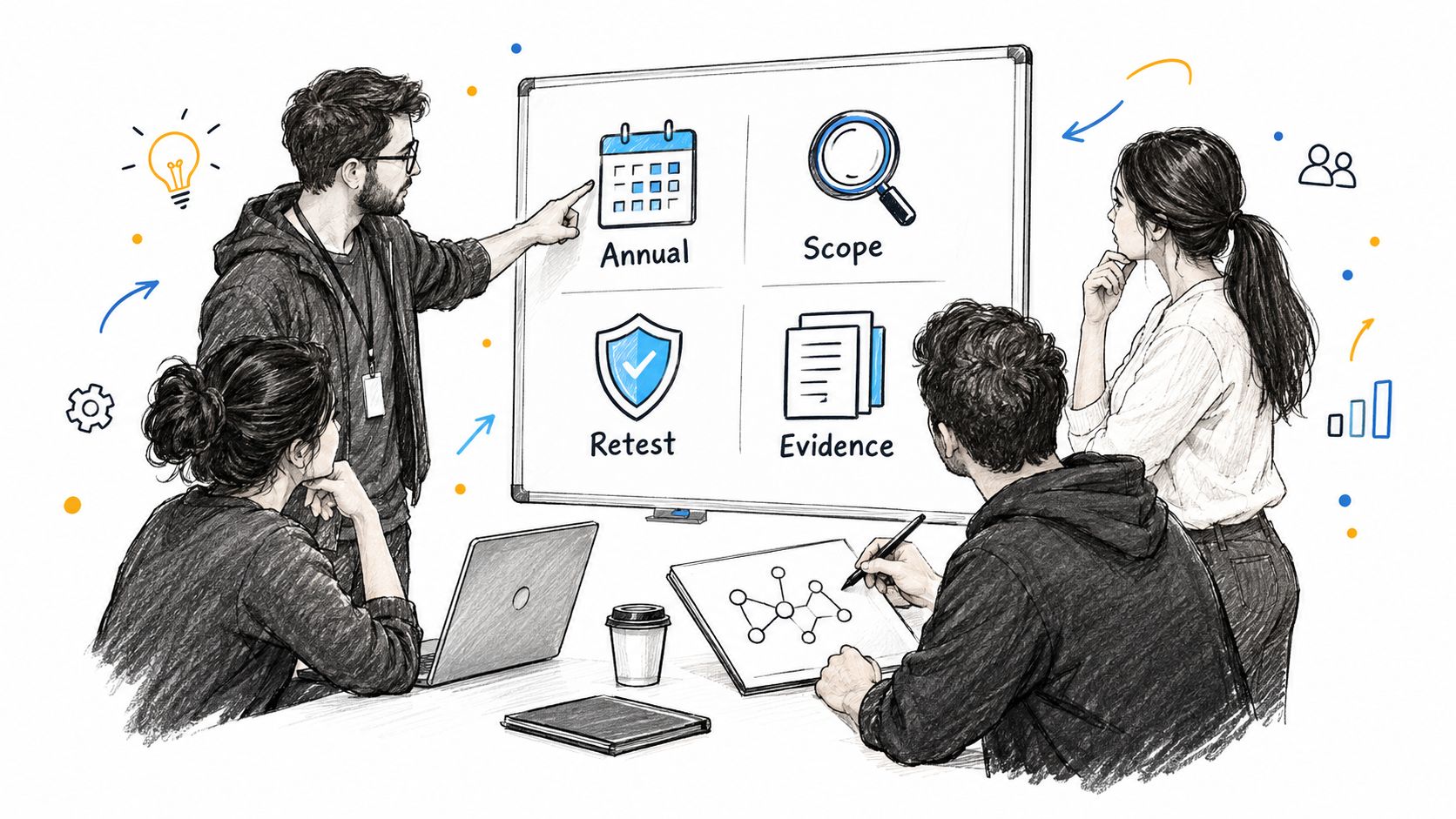A team of professionals collaborating in an office while reviewing penetration testing requirements on a whiteboard.