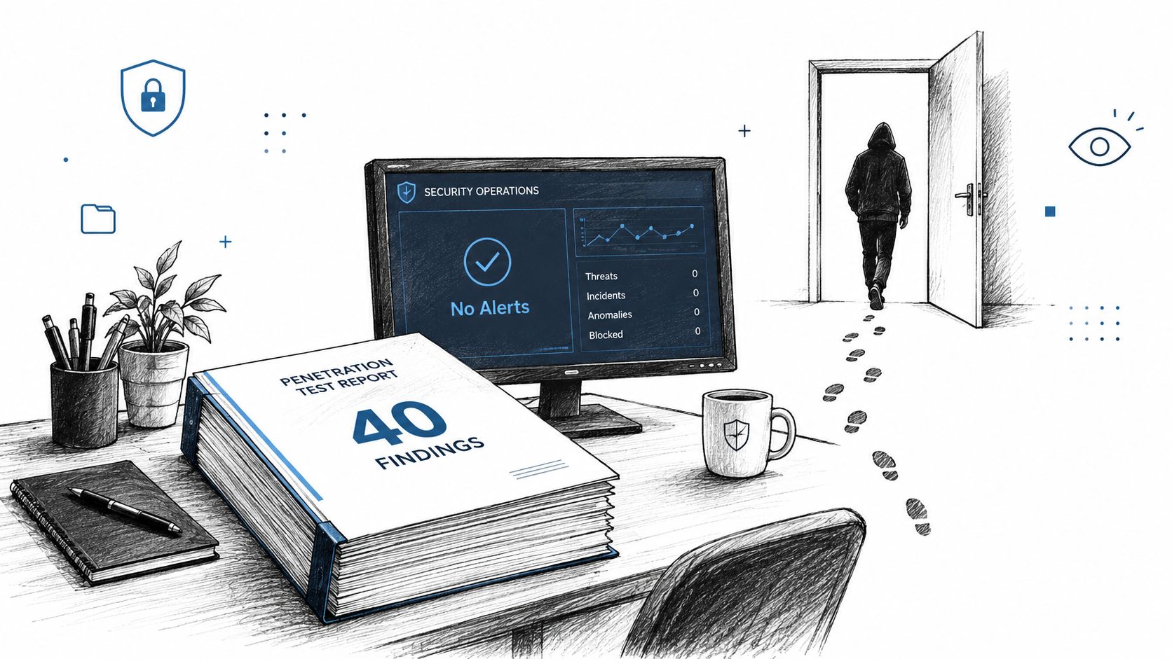 A conceptual illustration of a desk with a penetration test report showing forty findings despite security dashboard alerts.