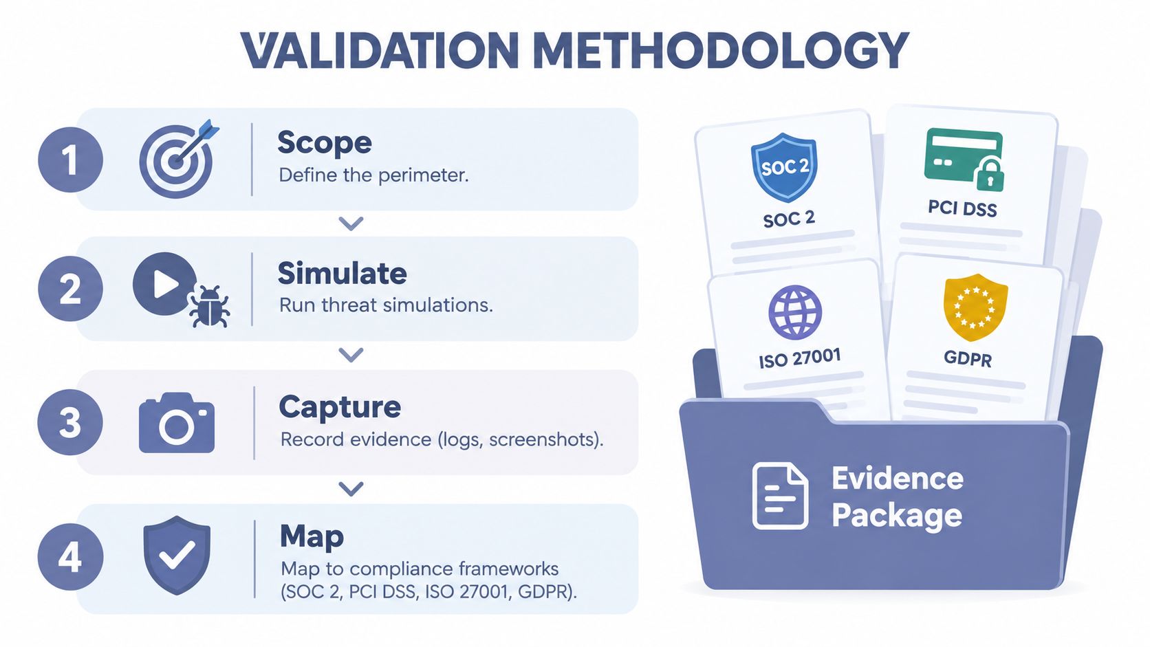 A four-step validation methodology diagram showing how to map security simulations to compliance framework evidence packages.