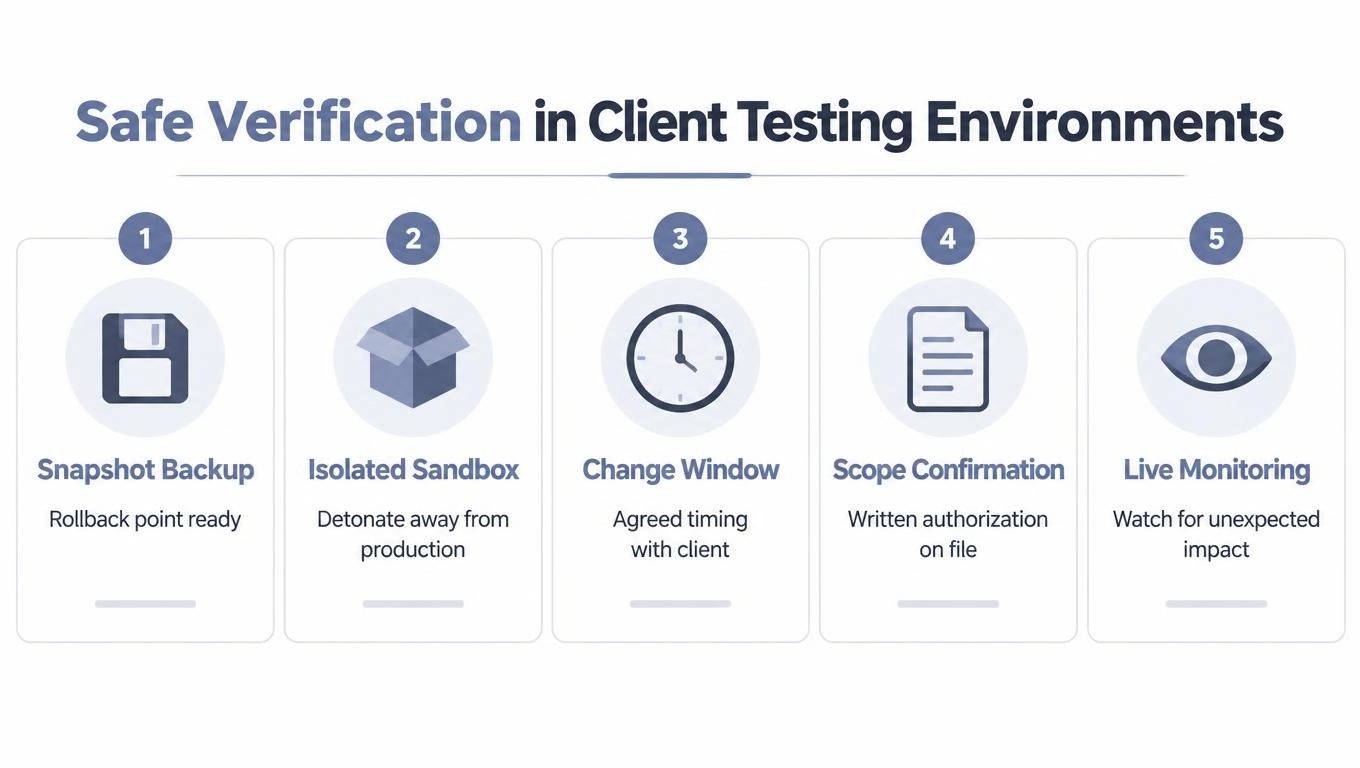 A five-step guide infographic for safe verification procedures within secure client software testing environments.