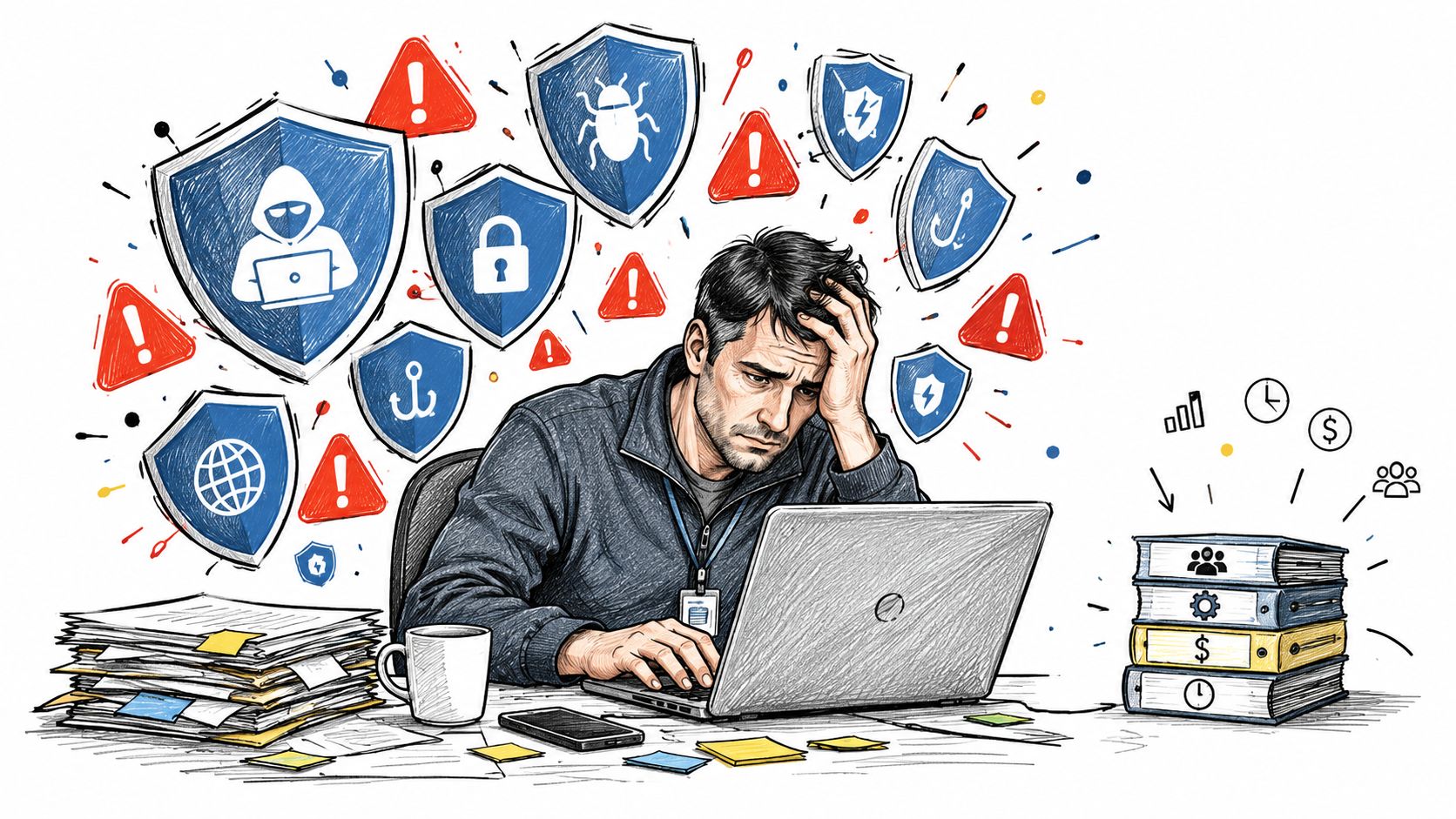 A stressed IT professional working on a laptop, overwhelmed by cybersecurity threats, alerts, and administrative tasks.