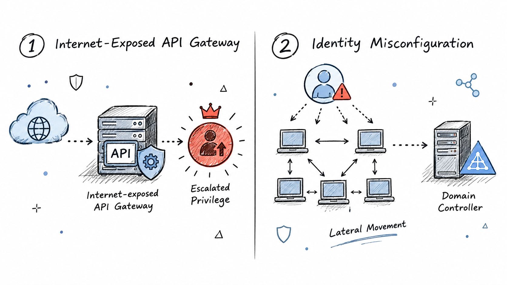 A hand-drawn diagram illustrating cybersecurity risks including an internet-exposed API gateway and identity misconfiguration leading to lateral movement.