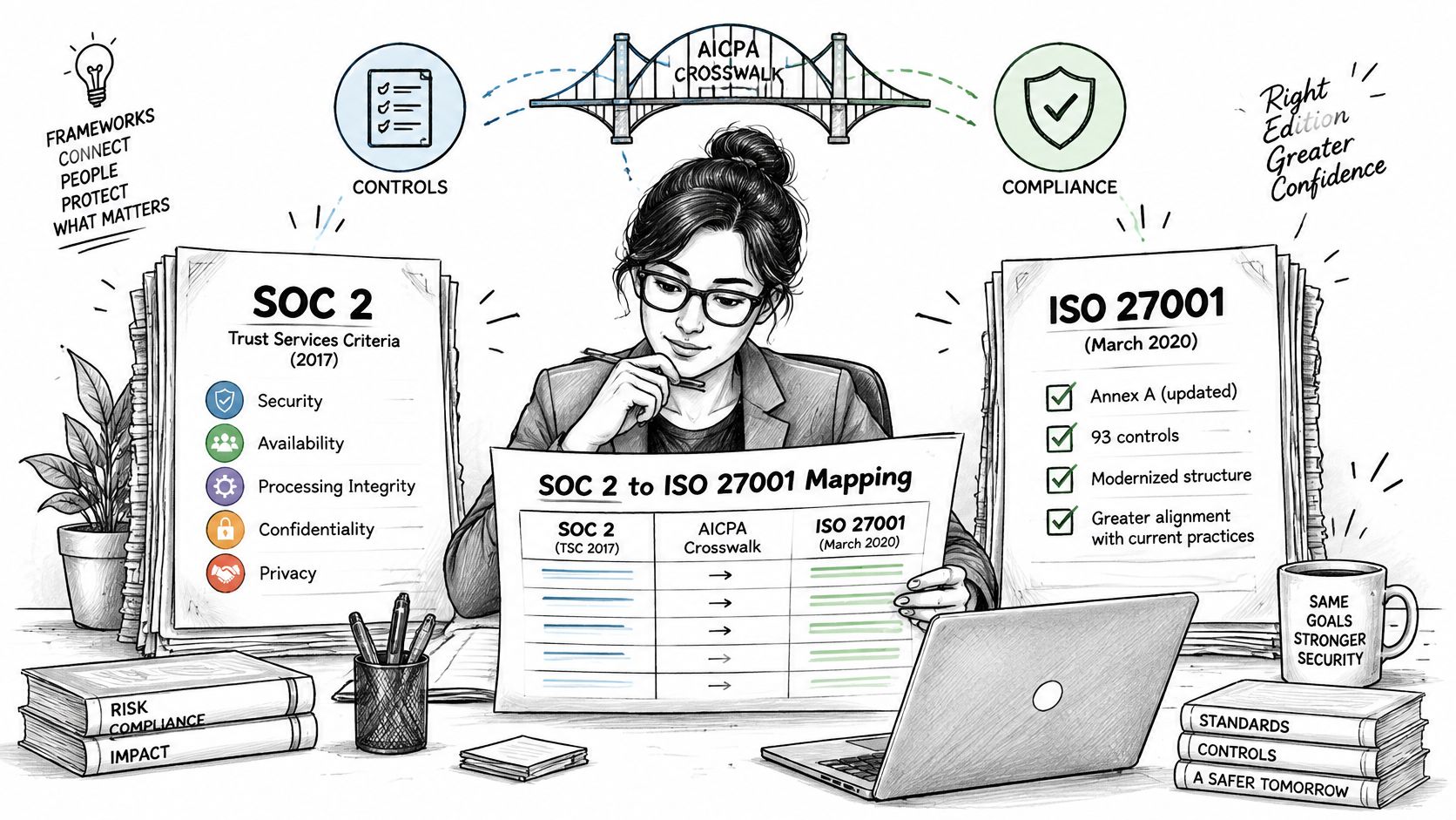 A professional analyzing a document showing the mapping between SOC 2 and ISO 27001 compliance frameworks.