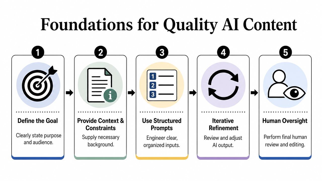 A five-step infographic showing the foundations for quality AI content, including goal setting, context, prompts, iteration, and oversight.