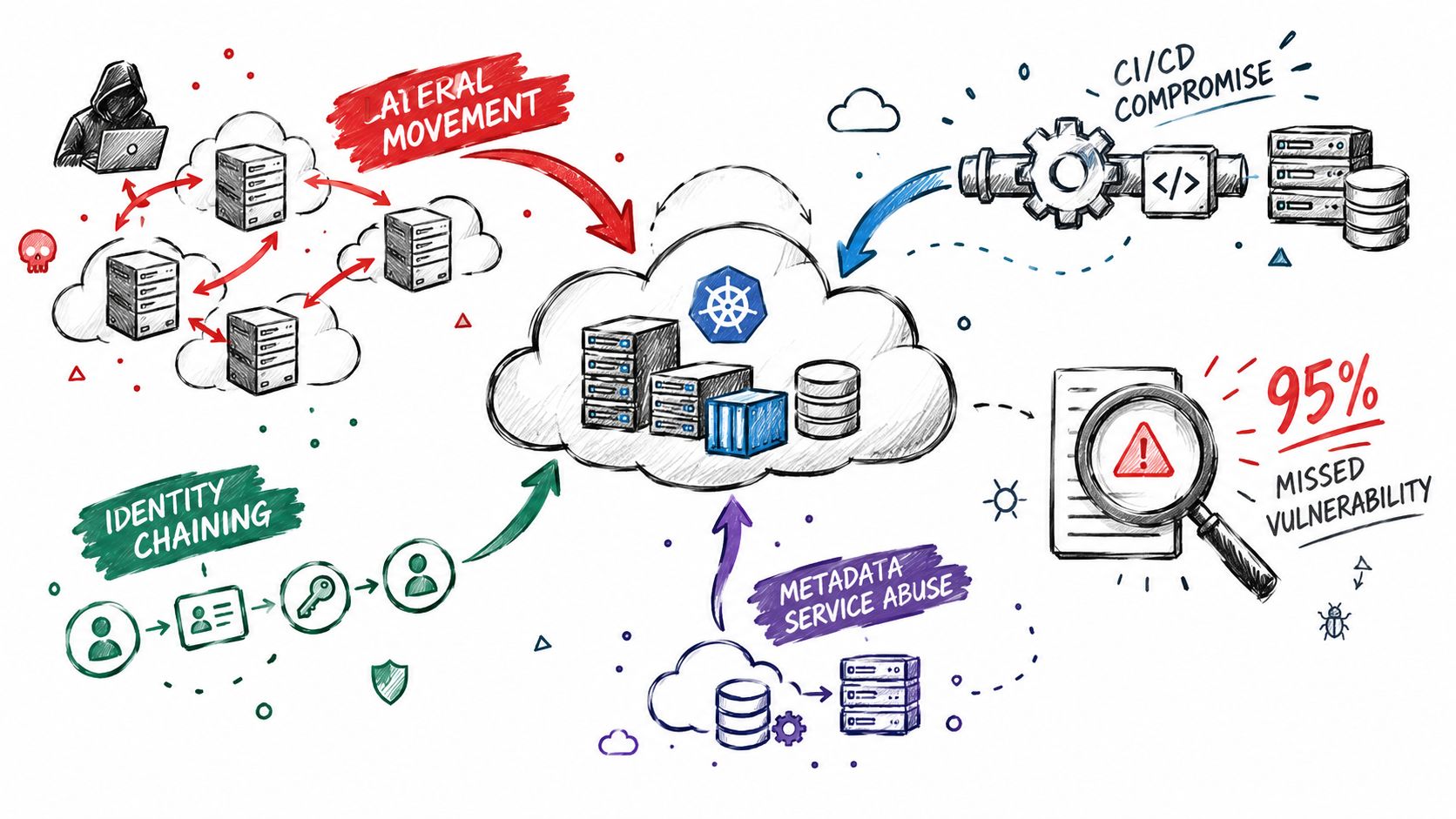 A conceptual illustration of cloud architecture security threats, including lateral movement, identity chaining, and CI/CD compromise.
