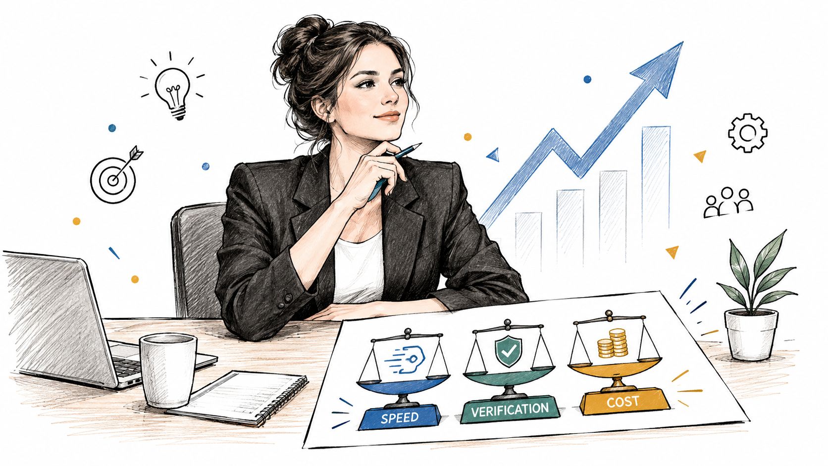 A professional woman pondering business strategy with icons representing speed, verification, and cost on her desk.