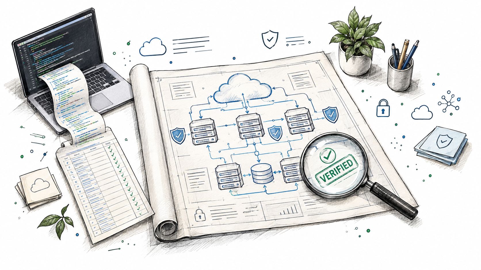 A detailed architectural diagram of cloud infrastructure being analyzed by a magnifying glass on a desk.