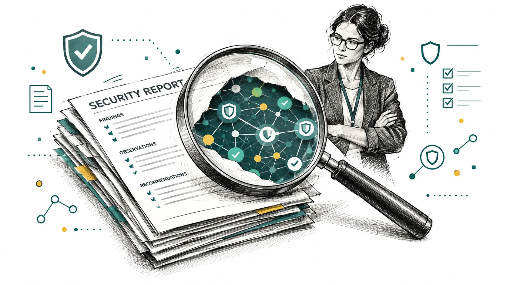 A professional analyzing a digital security report on cloud infrastructure with a magnifying glass illustration