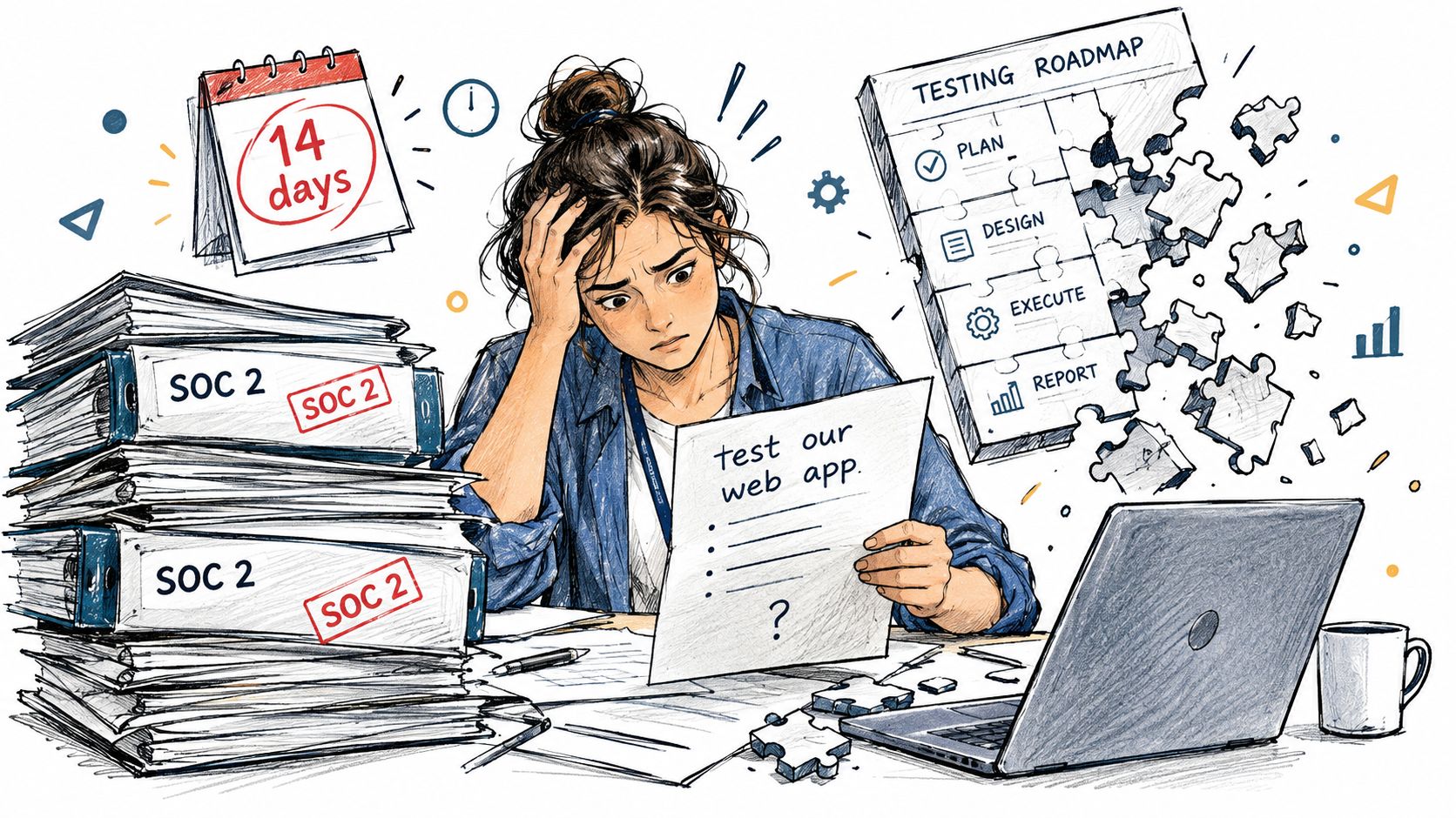 A stressed professional overwhelmed by SOC 2 compliance paperwork and an incomplete testing roadmap for a web app.