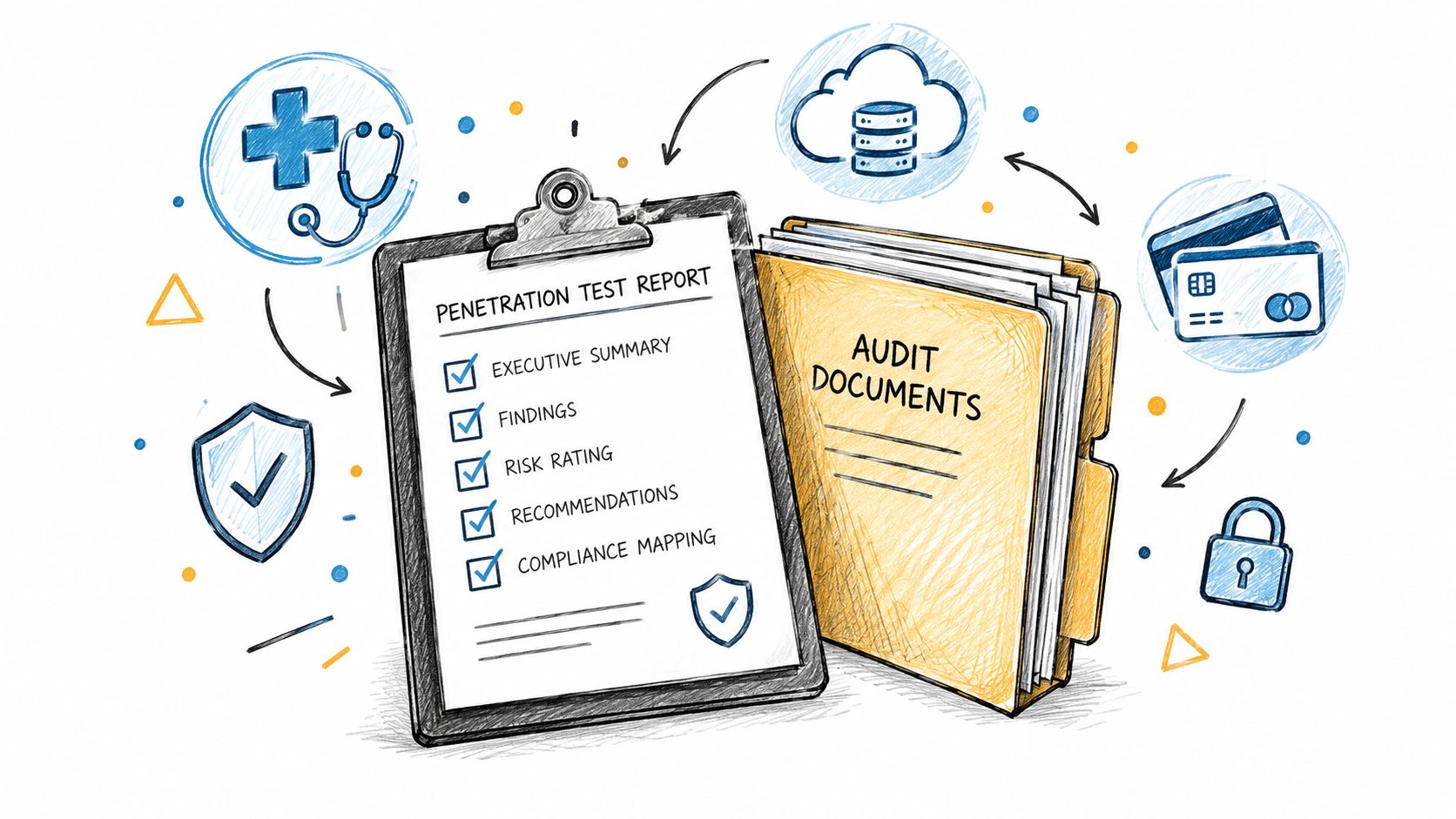 A hand-drawn illustration showing a penetration test report clipboard next to a folder of audit documents.