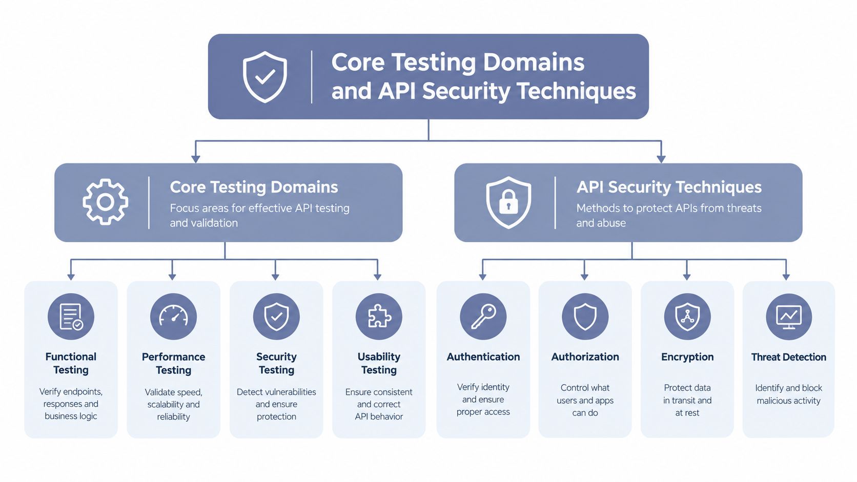 A diagram illustrating core testing domains and API security techniques for web application development and protection.