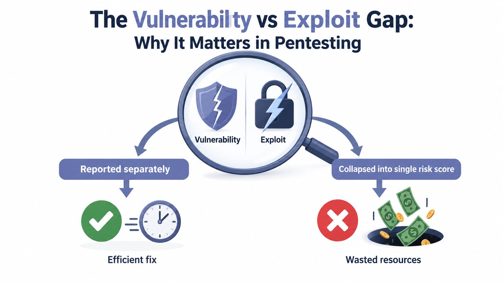 An infographic illustrating the vulnerability versus exploit gap, comparing efficient fixes with wasted resources in pentesting.
