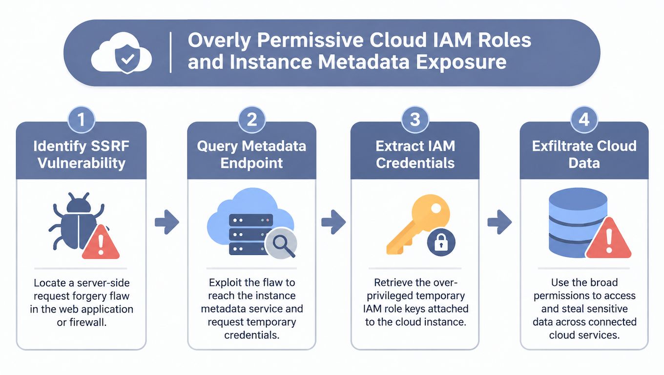 A diagram illustrating the step-by-step process of exploiting cloud IAM roles through SSRF vulnerabilities.