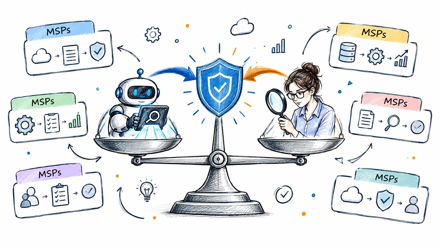 A conceptual illustration comparing automated AI-driven security testing against human manual penetration testing using a balancing scale.