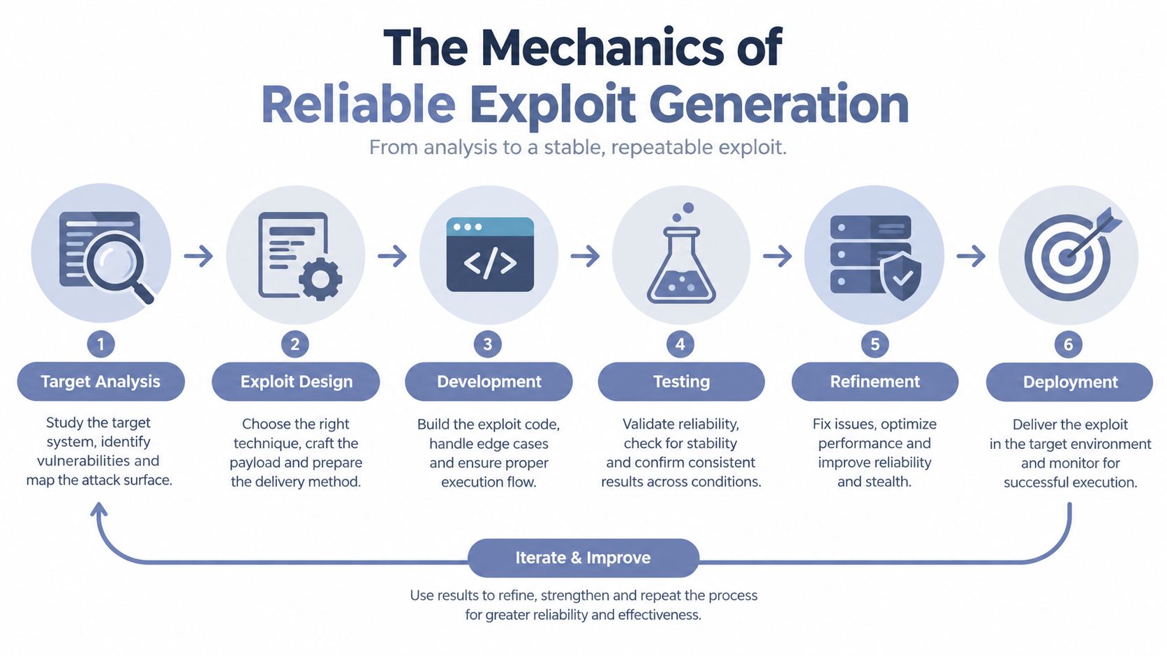 An infographic showing the six sequential steps of reliable exploit generation, from target analysis to final deployment.