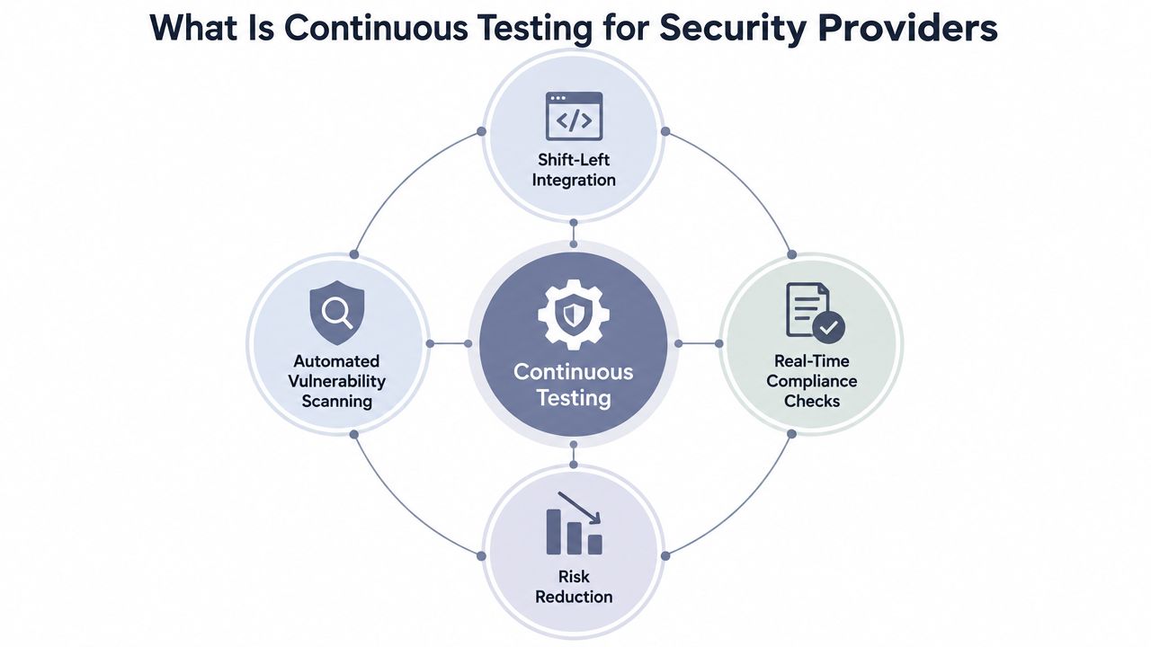 A diagram illustrating the four key components of continuous testing for security providers, including integration and compliance.