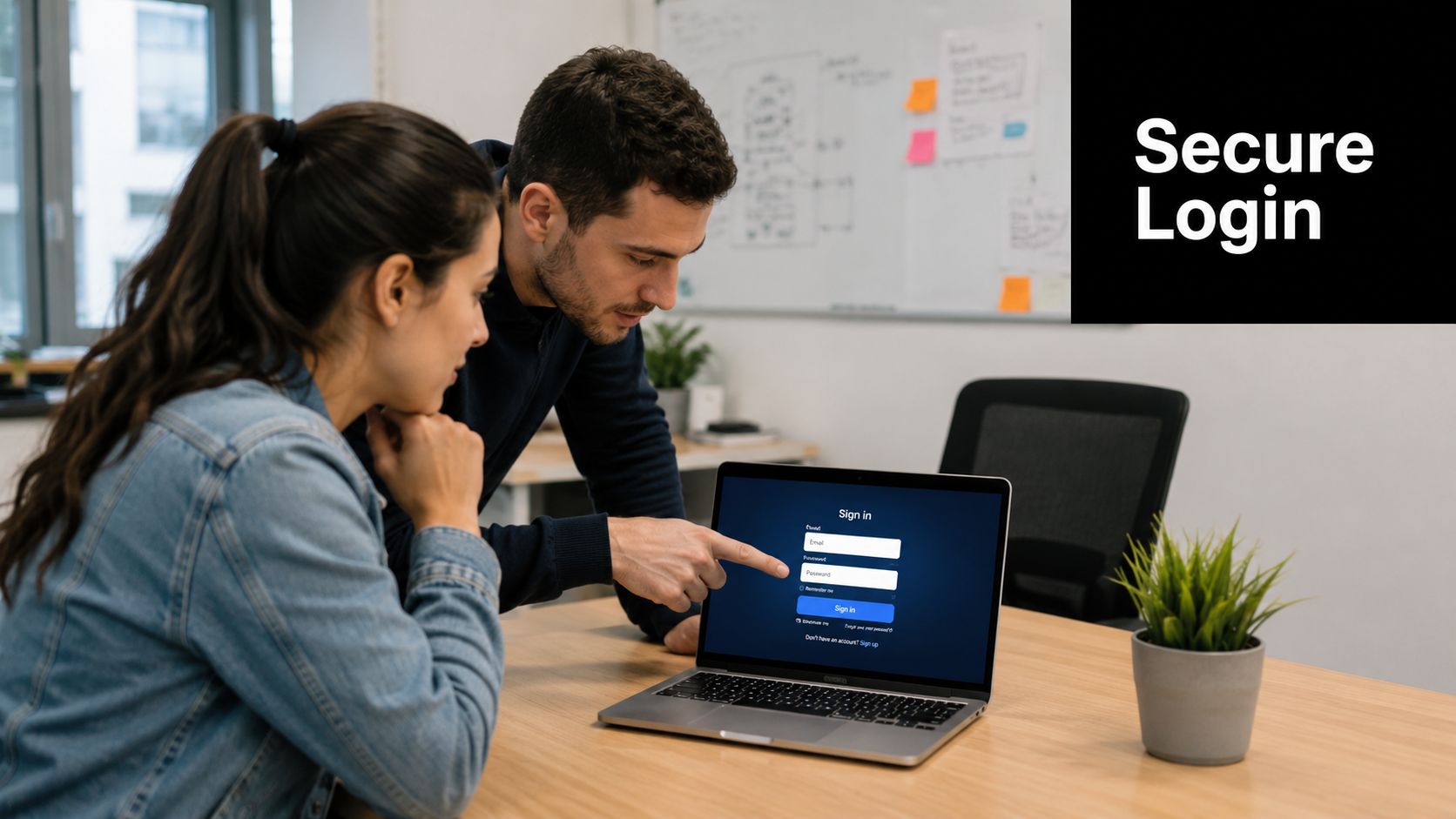 A man pointing at a secure sign-in page on a laptop screen while collaborating with a colleague.