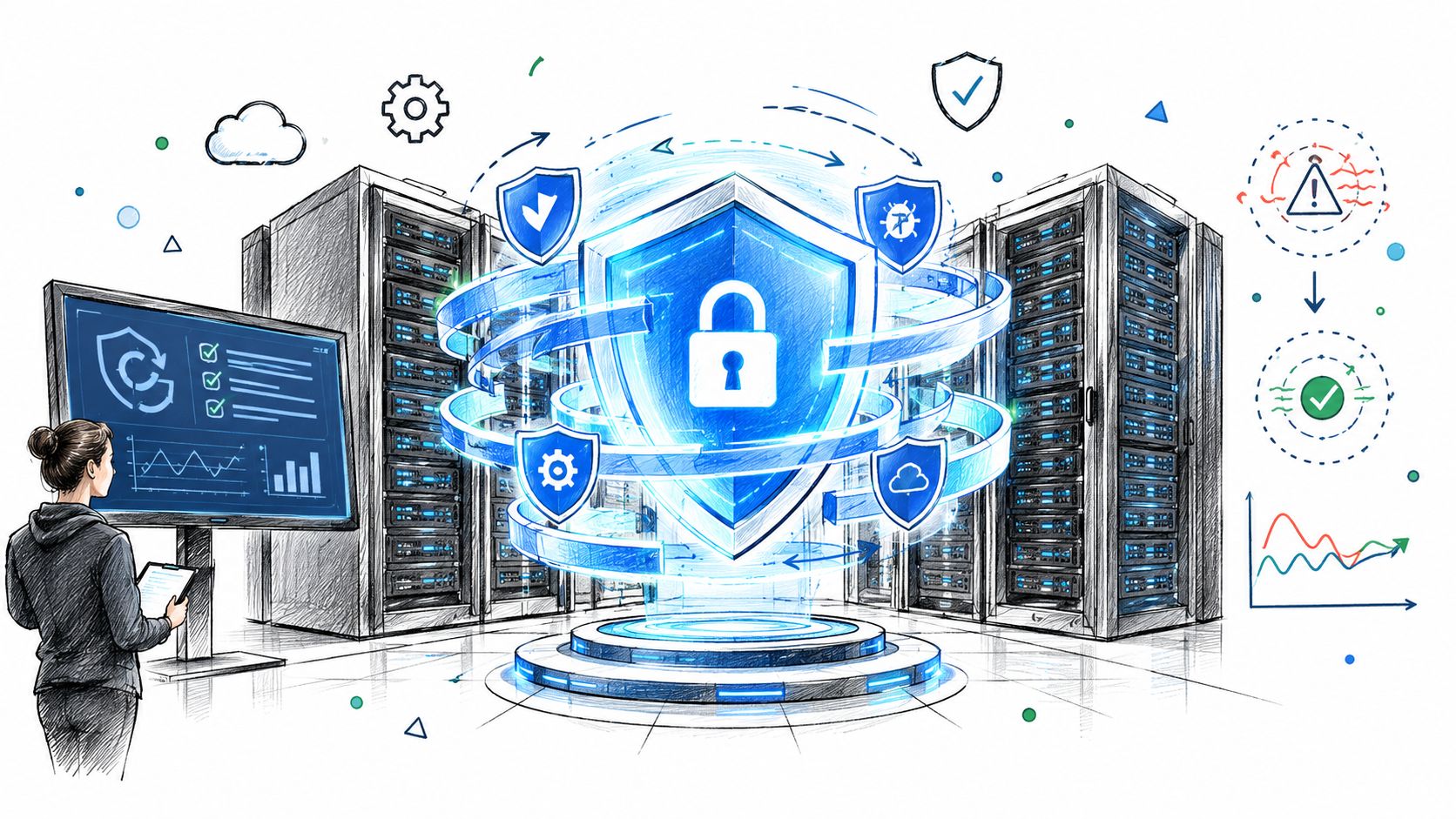 A digital illustration of a professional monitoring data center security with servers and a glowing protective shield.