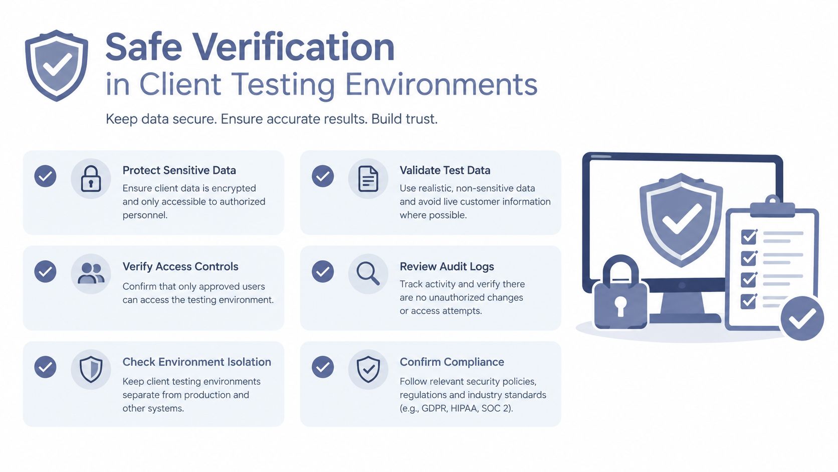 An infographic detailing six essential steps for maintaining data security during client testing environments and procedures.