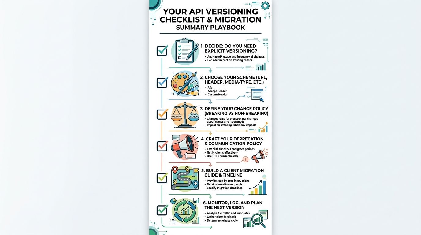 An infographic titled API Versioning Checklist and Migration Summary Playbook outlining six essential steps for API developers.