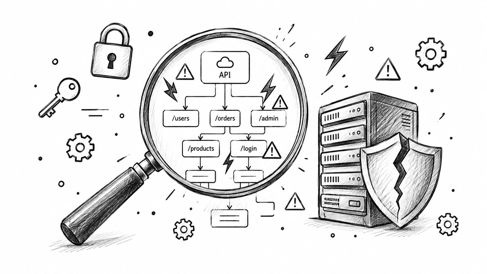 A conceptual sketch showing a magnifying glass over an API structure with security vulnerability warning icons.