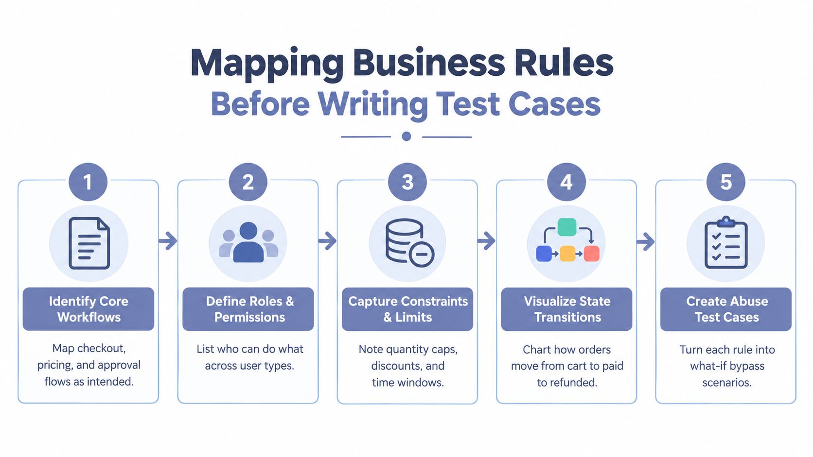 A five-step flowchart infographic illustrating the process of mapping business rules before writing software test cases.