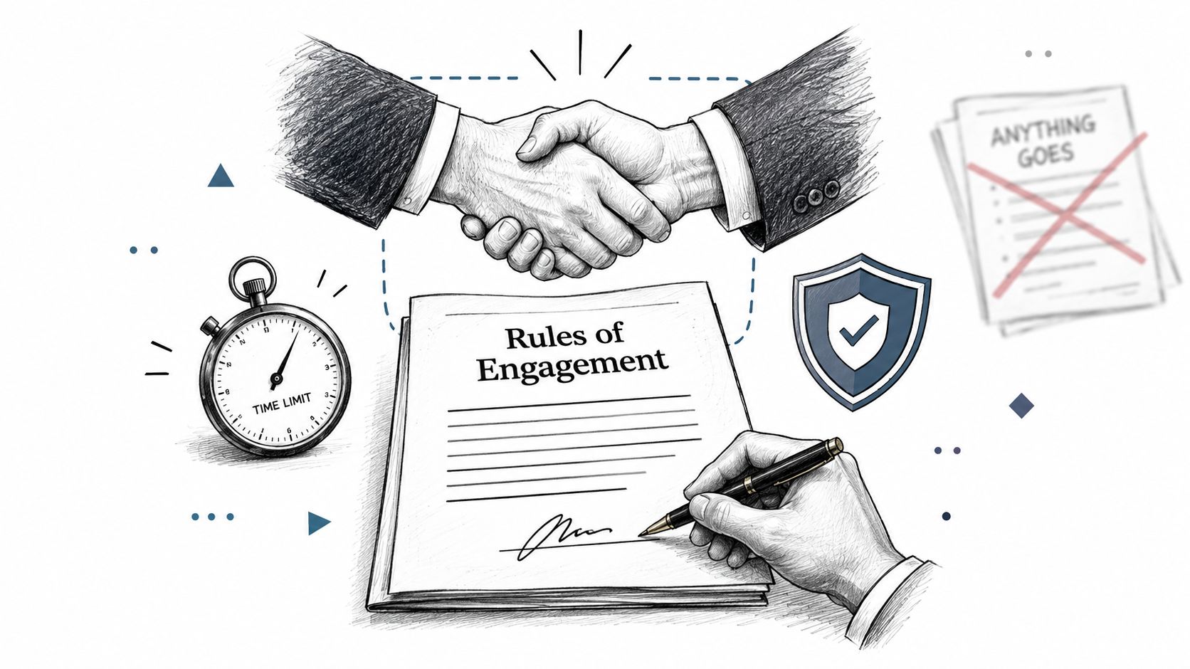 A hand signing a Rules of Engagement document with a stopwatch and handshake symbol nearby.
