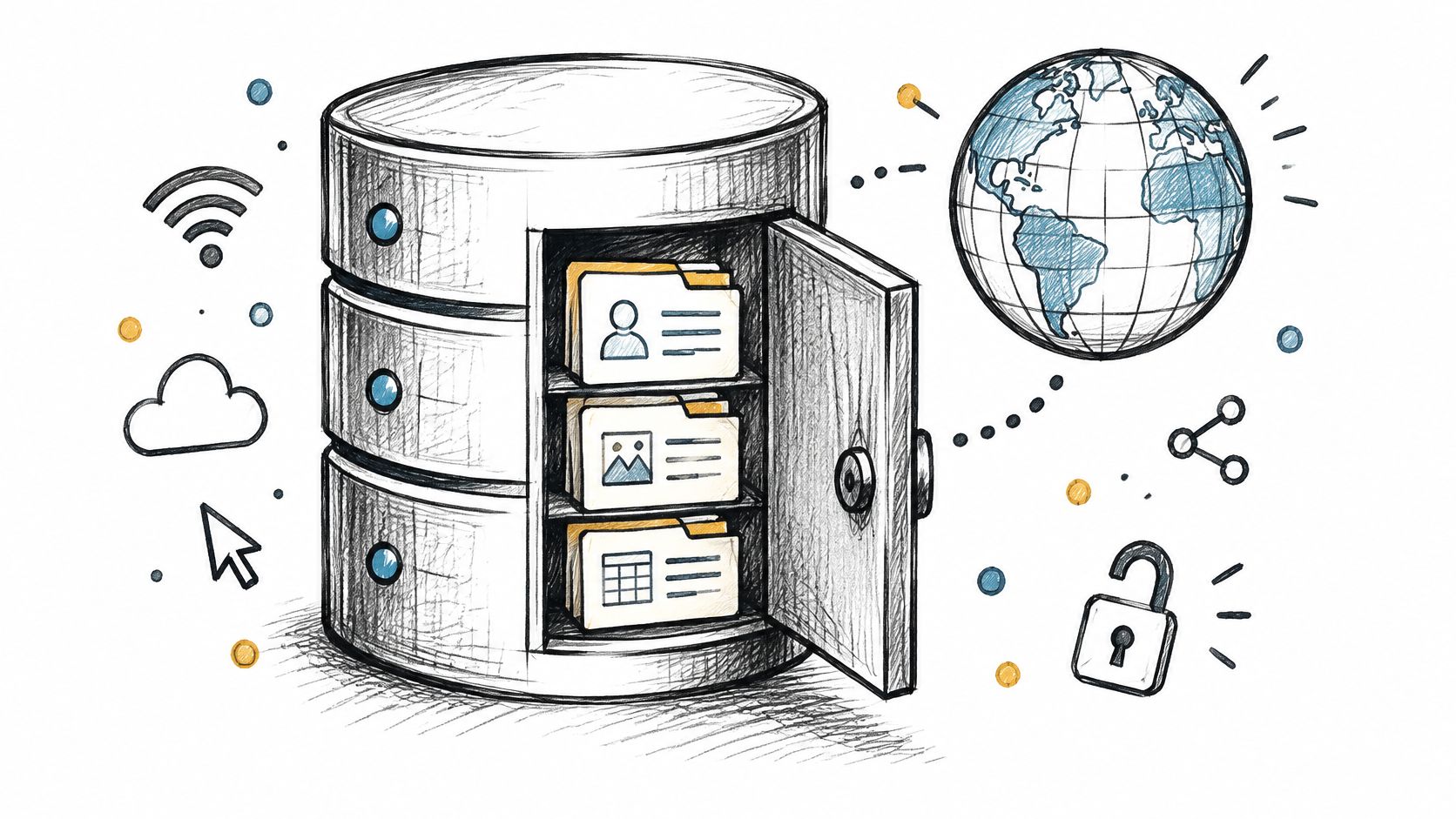 A hand-drawn illustration of a secure data server vault with folders containing user data icons