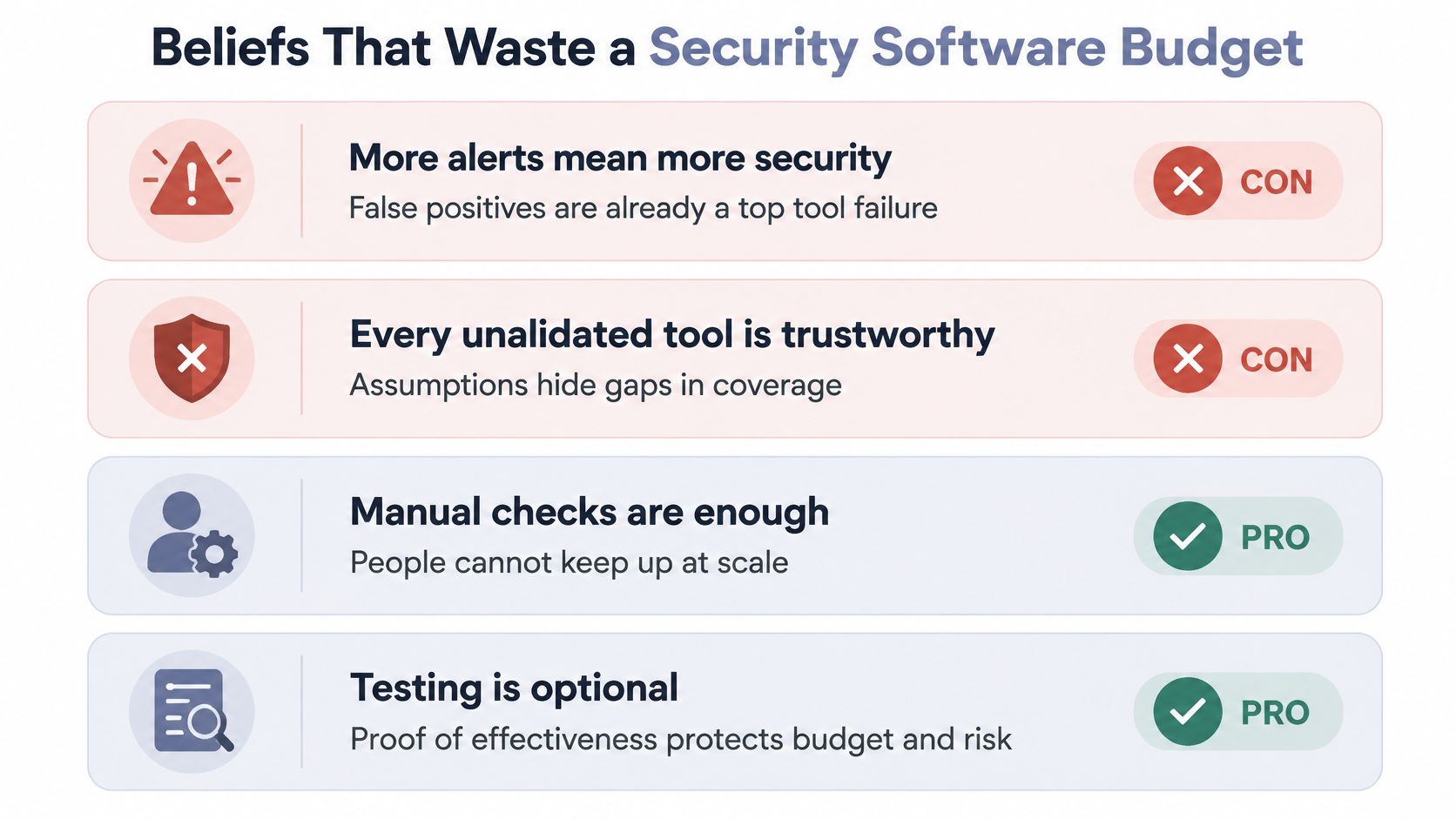 A chart illustrating four common beliefs that lead to wasted budgets in cyber security software investments.