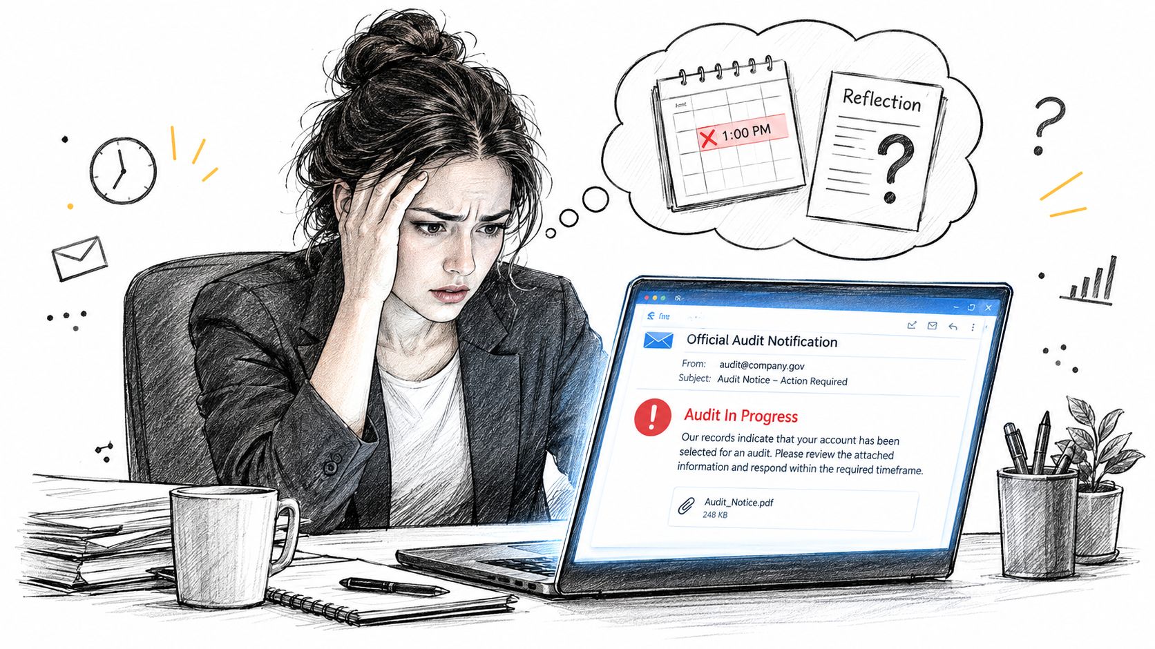 A distressed woman looking at an audit notification email on her laptop screen, feeling overwhelmed by work.