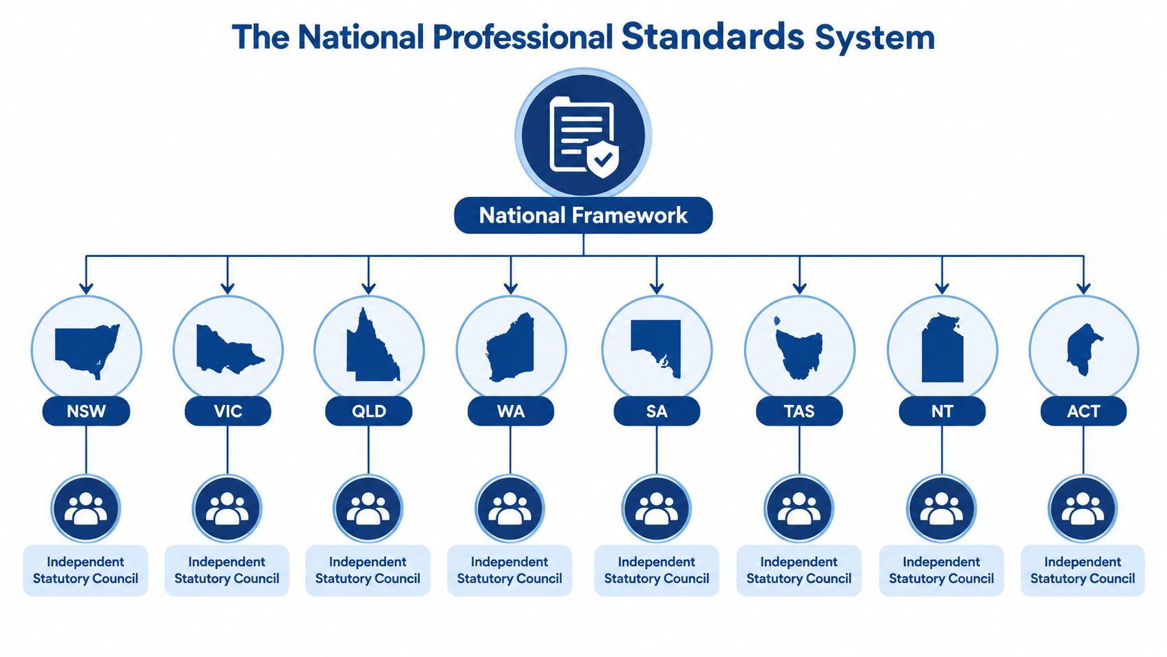 A diagram illustrating the National Professional Standards System featuring a central framework connected to state-level independent statutory councils.