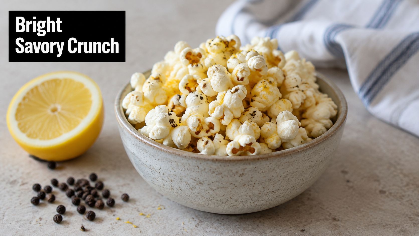 A ceramic bowl filled with popcorn seasoned with black pepper and lemon zest sitting on a table.