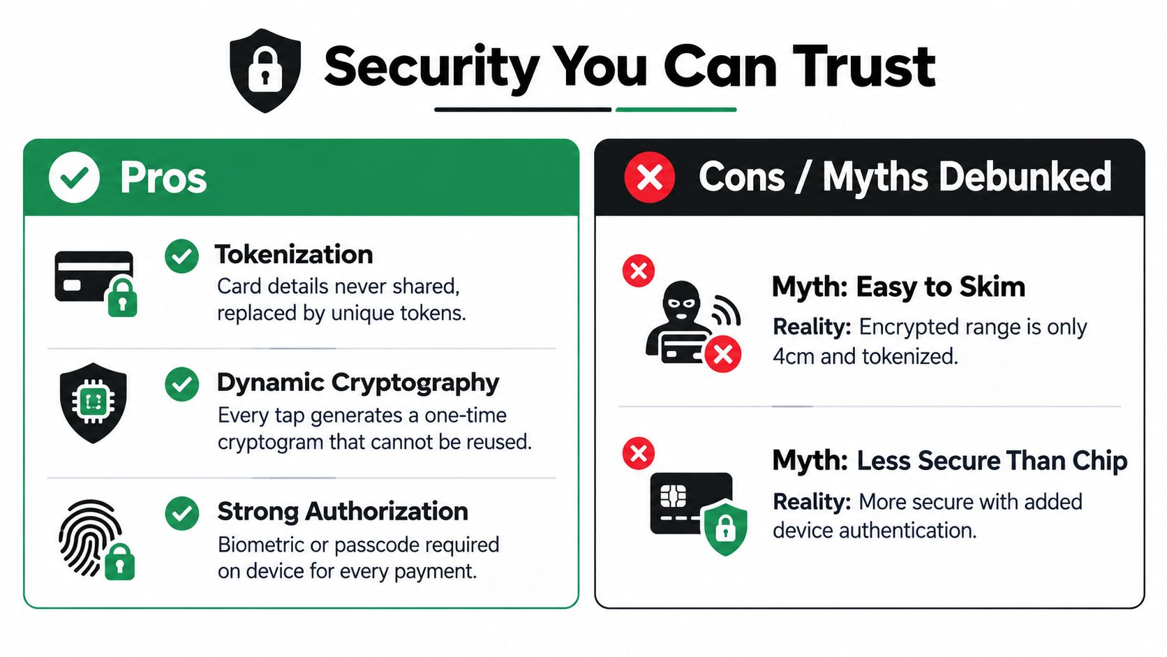An infographic detailing the security benefits and debunking myths regarding contactless mobile and card payments.
