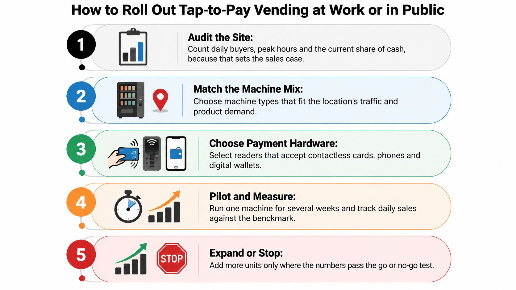 A step-by-step infographic titled How to Roll Out Tap-to-Pay Vending at Work or in Public.