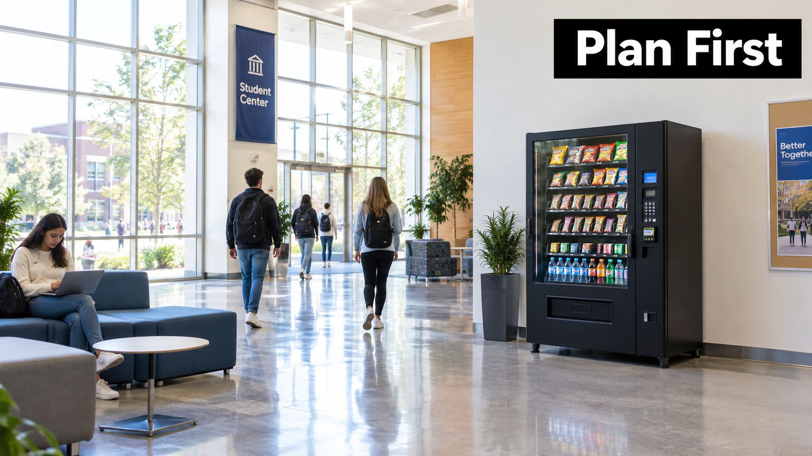 Students walking through a bright campus student center with a large vending machine in the lobby