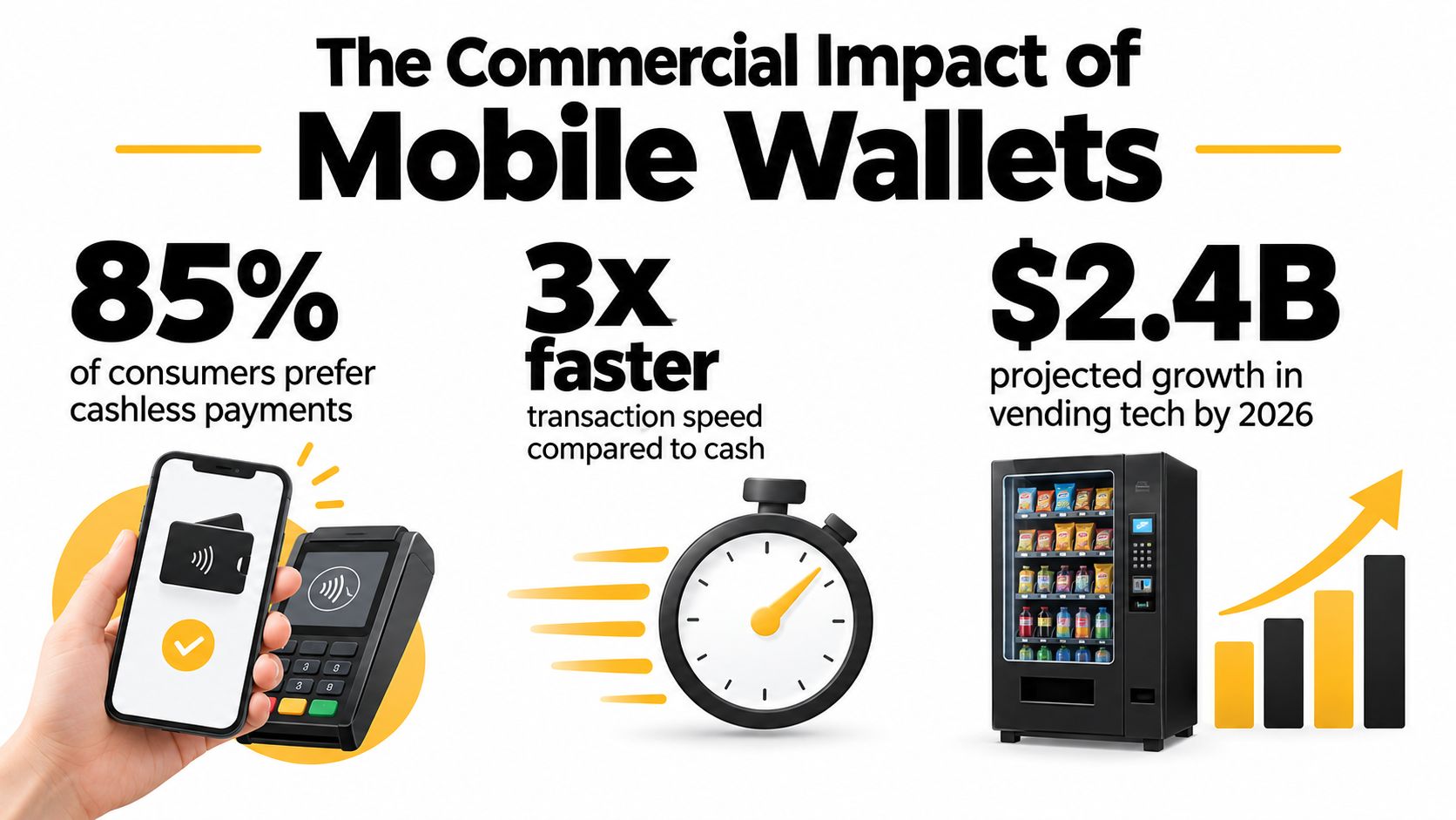 An infographic highlighting the commercial impact of mobile wallets on consumer payment habits and vending technology growth.