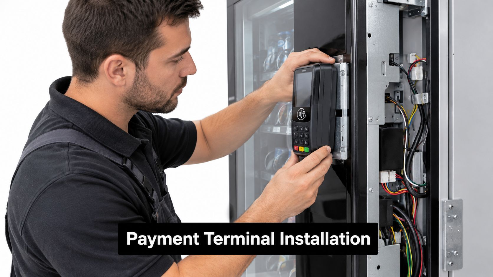 A technician installing a contactless payment terminal into a vending machine on a white background.