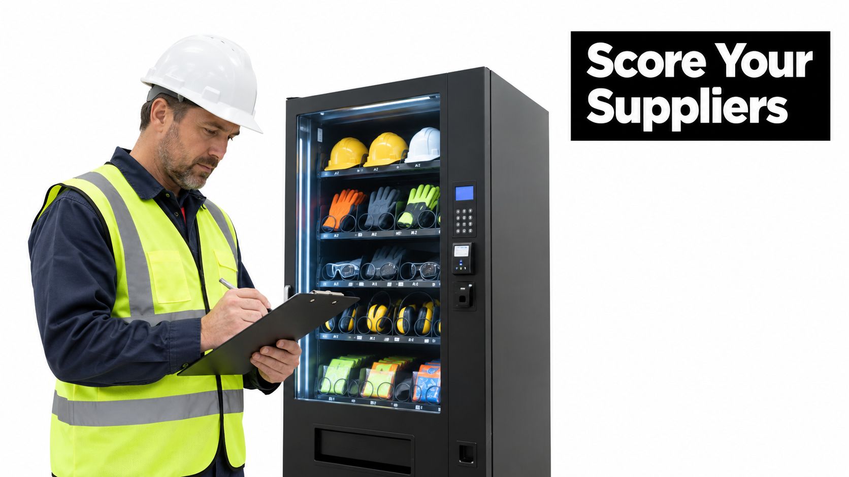 A construction worker in high-visibility gear taking notes near a ppe vending machine for sale.
