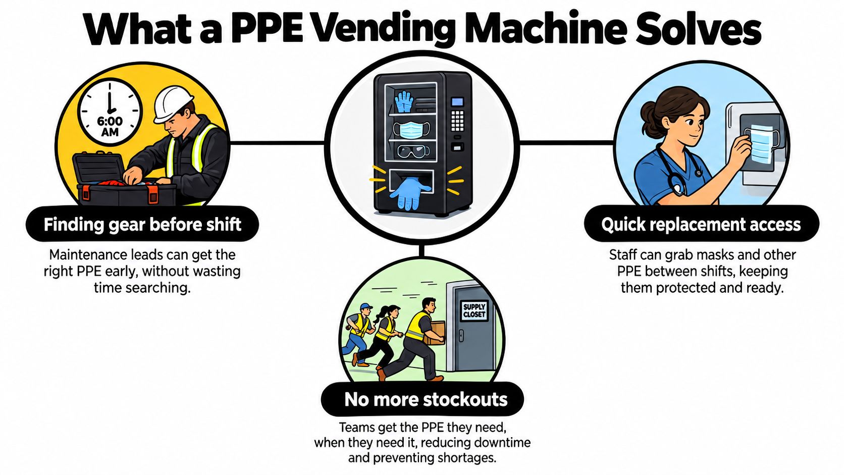 An infographic illustrating the benefits of using a PPE vending machine for industrial and medical staff efficiency.