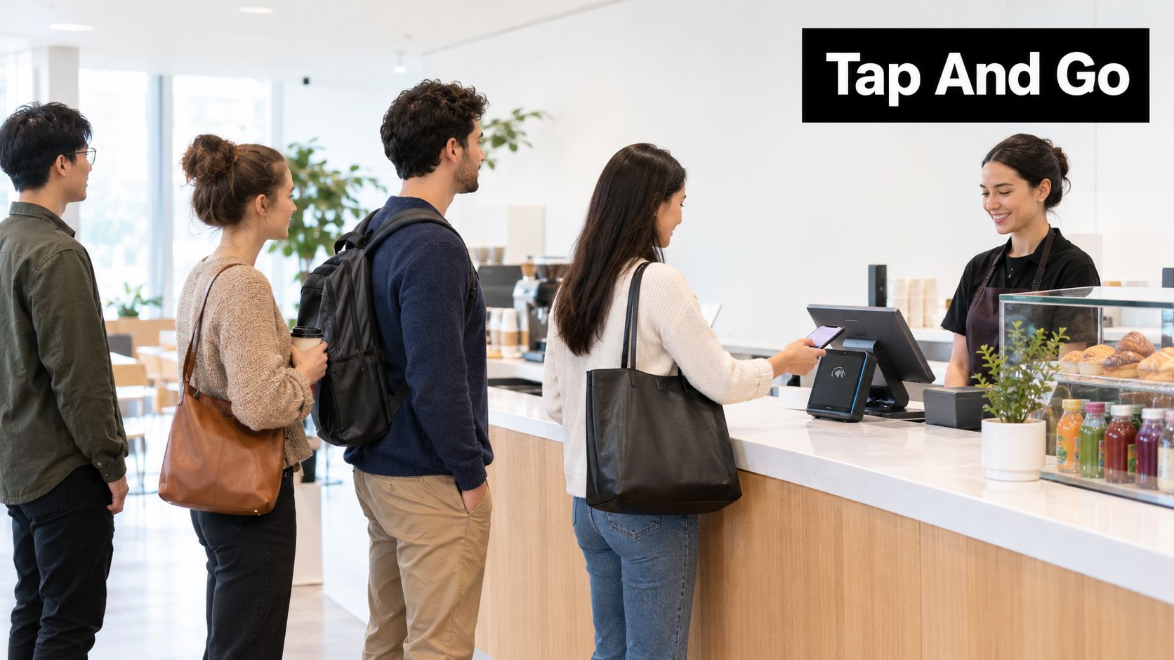 A line of customers waiting to make a contactless mobile payment at a cafe counter.