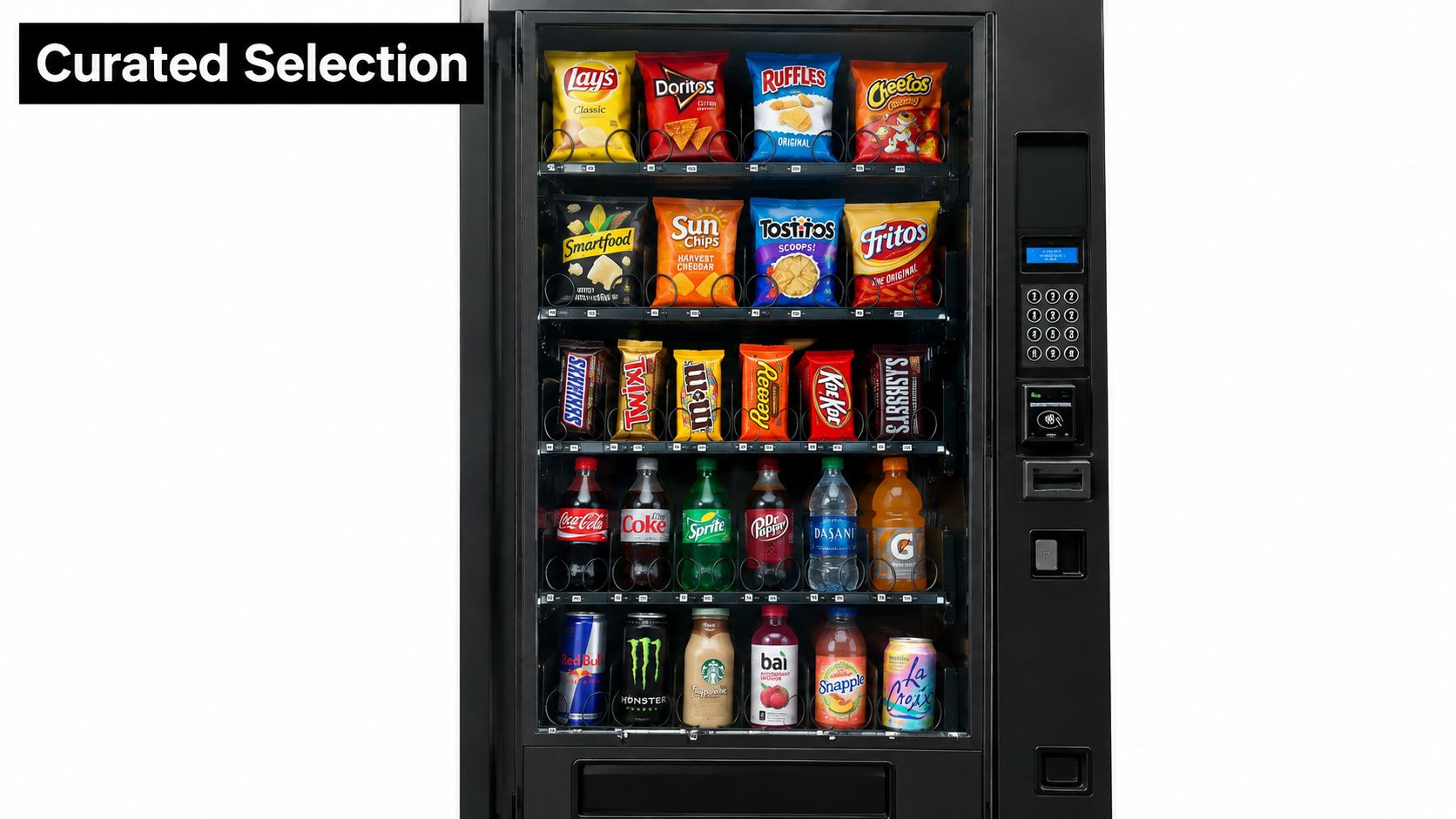 A modern black vending machine filled with a variety of snacks, sodas, juices, and energy drinks.