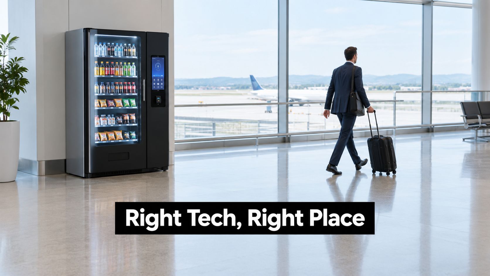 A professional traveler walks past a modern smart vending machine in a bright, spacious airport terminal.